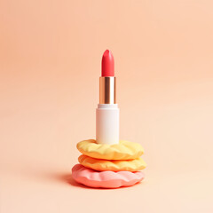 Vibrant High-Gloss Coral Lipstick Displayed Elegantly on Stacked Pastel Macaron Sponges – Minimalist Beauty Product Composition banner