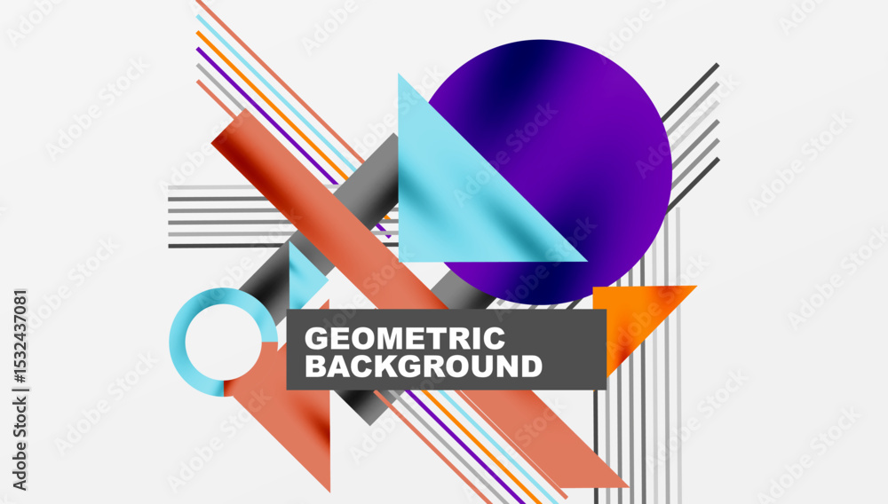 Poster Abstract geometric composition. Shapes overlap, creating dynamic visual effect. Bright colors dominate neutral background. Modern design element.