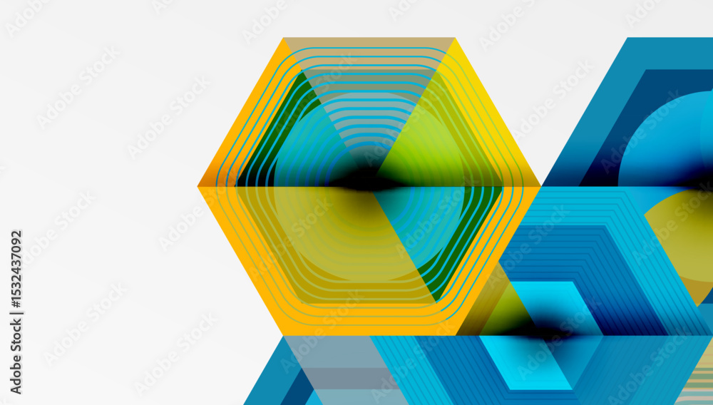 Poster Abstract geometric design. Hexagons overlap, creating vibrant color gradients. Modern, clean aesthetic with layered shapes.