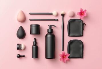 Elegant Black Toiletry Bottles and Skincare Accessories on Soft Pink Background – Minimalist Beauty and Cosmetics Flat Lay