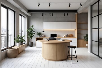 Small studio apartment interior design ideas featuring modern minimalist decor, large round wooden desk, light wood floor. Concept of small studio apartment interior design.