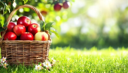 Ripe apples are artfully arranged in a basket on the meadow, providing a healthy and delicious option for snacking or baking that can be enjoyed immediately