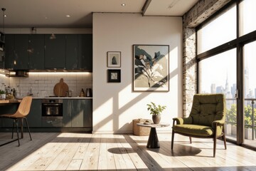 Bright sunlit kitchen in small studio apartment interior design with dark green cabinets, wooden countertop, green chair. Concept of small studio apartment interior design, ideas for cozy spaces.
