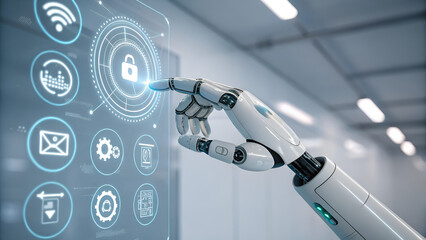 High-resolution close-up of robotic hand with metallic fingers and smooth joints interacting with floating holographic interface in minimal digital environment with glowing icons and clean background
