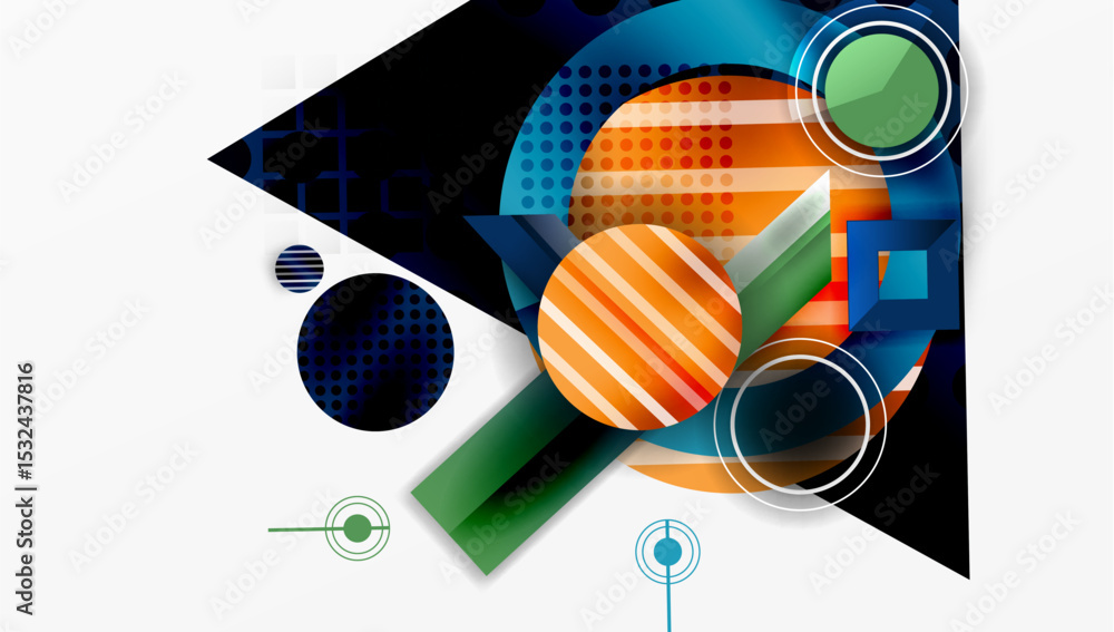Poster Abstract geometric composition. Circles, squares, lines create dynamic visual effect. Blue, orange, green dominate color scheme. Modern design.