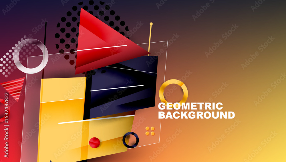 Poster Abstract geometric composition. Shapes overlap, creating dynamic visual effect. Gradient background transitions from purple to yellow.