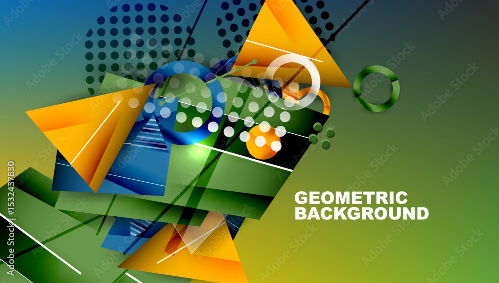 Poster Abstract geometric composition. Vivid colors, triangles, spheres create dynamic visual effect. Modern design, clean lines, gradients present.