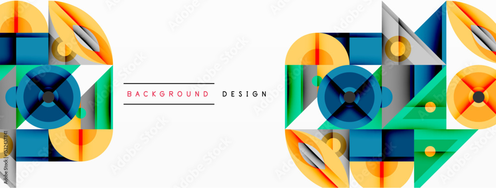 Poster Abstract geometric shapes, vibrant colors, modern design. Composition features circles, squares, triangles, dynamic patterns.