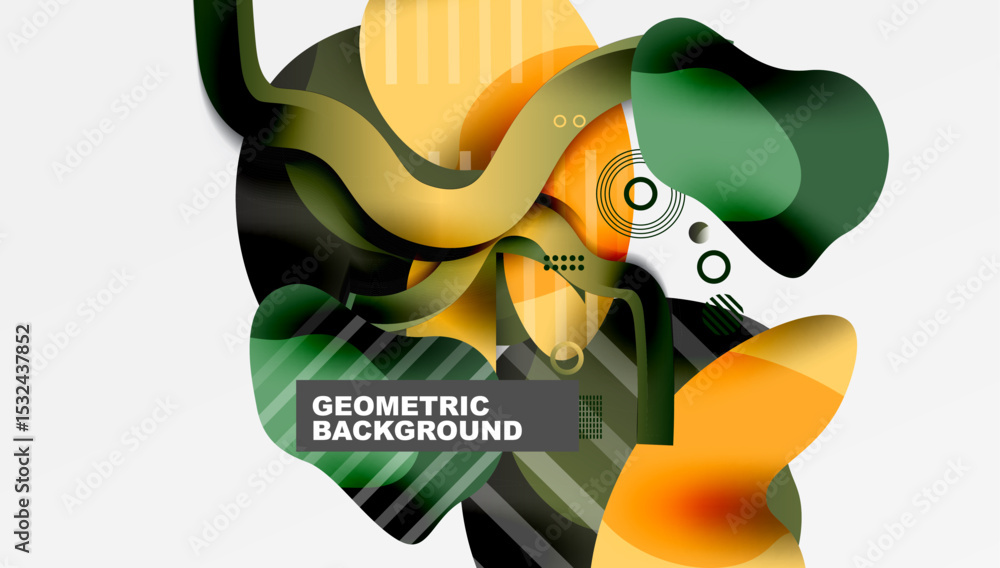 Poster Abstract fluid shapes overlap, creating dynamic composition. Colors include orange, green, yellow, black. Modern geometric design elements present.