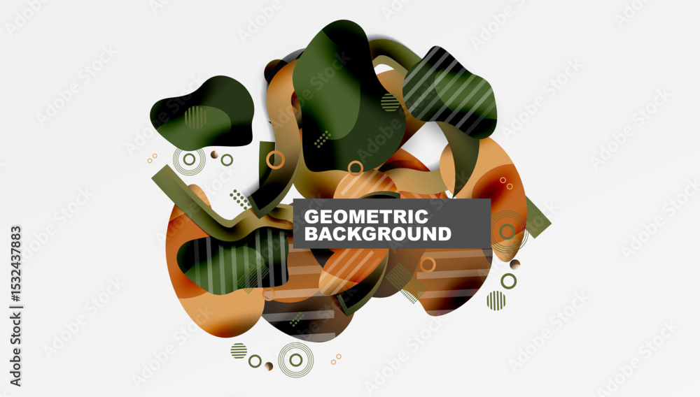 Poster Abstract composition features overlapping shapes, colors include orange, green, brown. Circles, lines create dynamic visual effect.