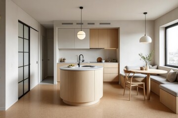 Fototapeta premium Modern kitchen in studio apartment interior design with round wooden table, bench seat, white countertop, and pendant lights. Concept of studio apartment interior design ideas.