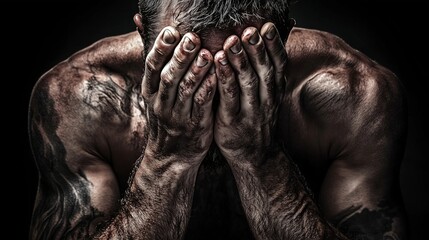 close-up of a muscular person with their hands covering their face. The lighting emphasizes the muscle definition and intensity, men problems, middle age problems concept.