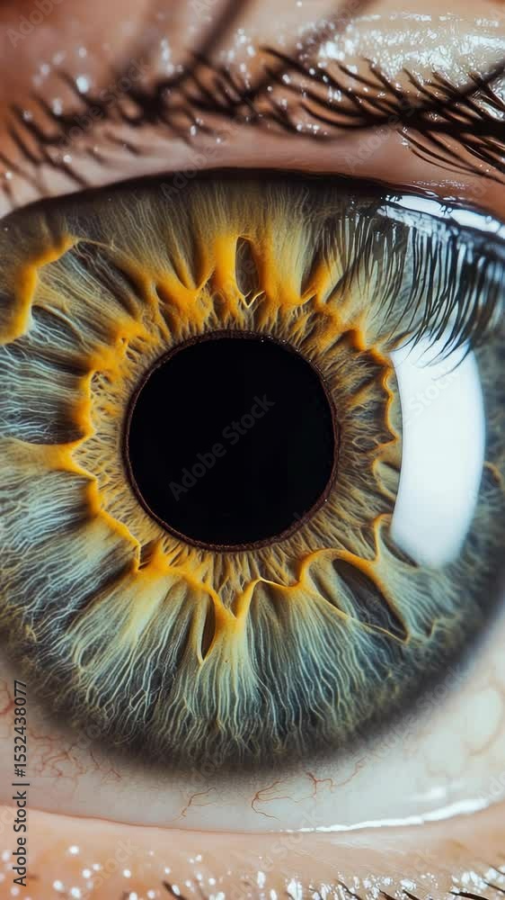 Poster close-up view of an eye showcasing intricate colors and patterns with detailed textures in a natural