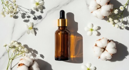 Natural botanical essence in amber dropper bottle, surrounded by delicate cotton and white flowers on marble, for organic skincare and gentle beauty.