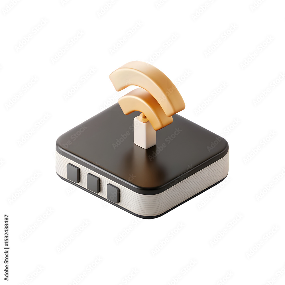 Poster 3d icon of a golden 3d icon of a wifi signal stands atop a sleek black device isolated on transparen
