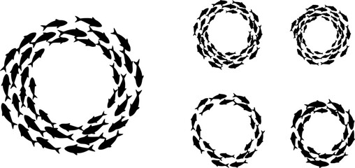 Colored silhouettes of groups of sea fishes. Colony of small fish. Icon with river taxers. Logo fish. Colored silhouettes school of fish. A group of silhouette fish swim in a circle. Marine life.