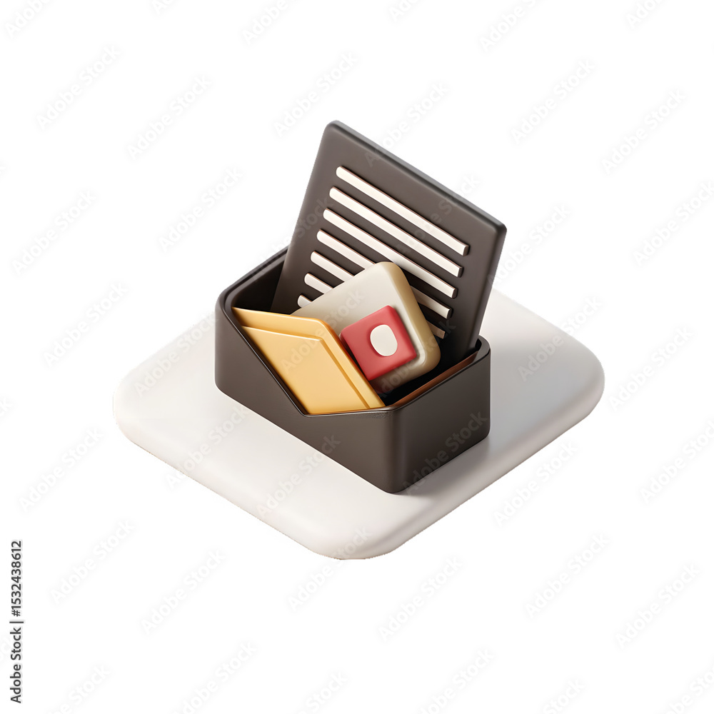 Poster 3d icon of a 3d icon of a dark brown email envelope containing a document, a gold folder, and a red 