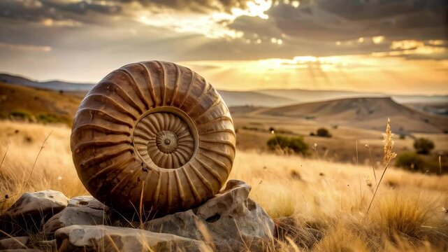Ancient spiral fossil rests upon rocks in sunlit golden field, evoking geological history and natural earthy tones.