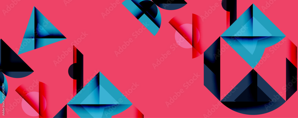 Poster Abstract geometric shapes overlap, creating dynamic composition. Pink background contrasts with blue, dark elements. Modern design.