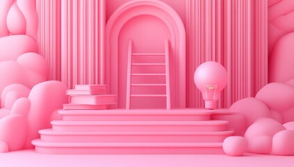 A stack of Pastel Ed books is topped with a wooden ladder and a glowing light bulb in this rendered image