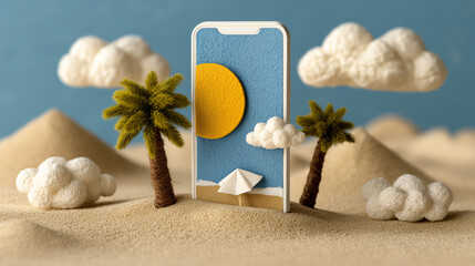 Conceptual illustration of smartphone as a visual gateway to vacation – surreal beach landscape with crocheted clouds and palm trees.