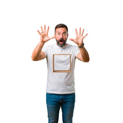 Fototapeta premium Surprised Man Holding Invisible Box Isolated on Transparent Background
