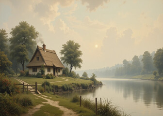 Fototapeta premium Thatched cottage by the river at dawn
