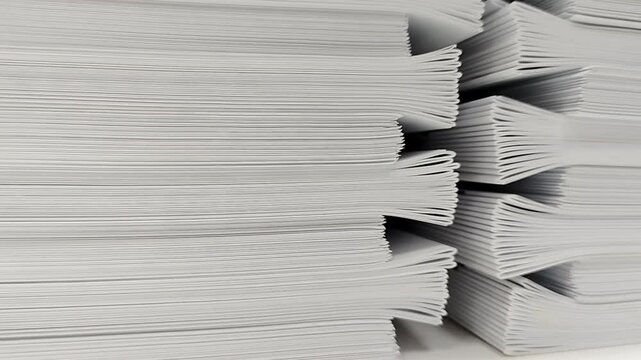 Close-up of a stack of glued book blocks prepared for binding in a printing house, selective focus