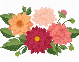 Obraz premium flower blossoms garden plant branch with leaf beautiful dahlias blooms stems and leaves spring buds and foliage floral botanical flat illustration isolated on white background