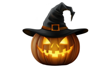 Halloween pumpkin with witch hat isolated on transparent background