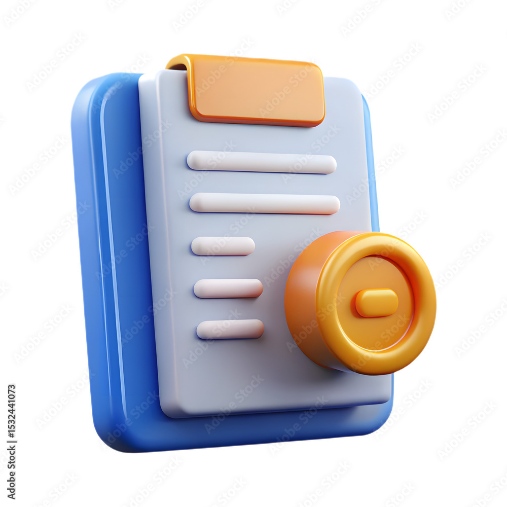 Poster 3d icon of a vibrant 3d icon of a checklist with a prominent orange button, isolated on transparent 