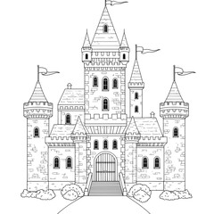 Fototapeta premium Outlined illustration of a castle, featuring many towers and banners on a white background