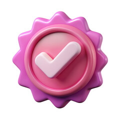 3d pink check mark badge isolated on transparent background