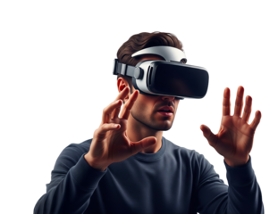Man with VR Headset Reaching Forward Isolated on Transparent Background