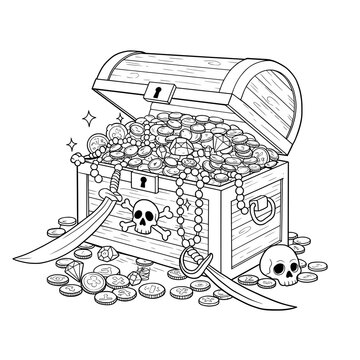 recommend clip art: Open treasure chest overflows with gold coins, jewels, a sword, and skull
