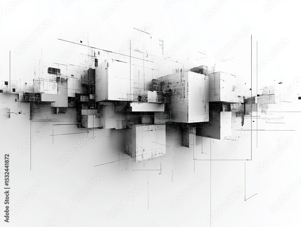 Aufkleber abstract geometric composition: interconnected cubes in black and white, a study of architectural fo