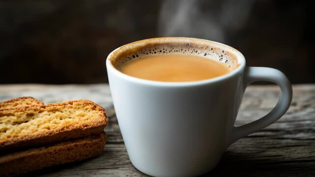 Cup of coffee with biscotti on rustic wooden board, dark backdrop