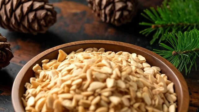 Pine nut petals in a wooden bowl with pine cone and pine needles on rustic background for a healthy snack ingredient or vegetarian diet.