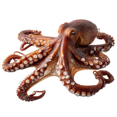 A close up of a brown octopus with white suction cups on its tentacles against a black background