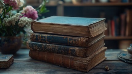 Antique book with worn cover and gold decorations lying on a wooden table in a dusty room, surrounded old other by books