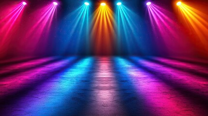 Colorful stage lights illuminate empty floor