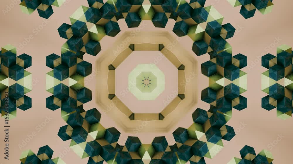Poster kaleidoscopic geometry: a dynamic 3d mandala mosaic featuring ornamental patterns and bold visual ef