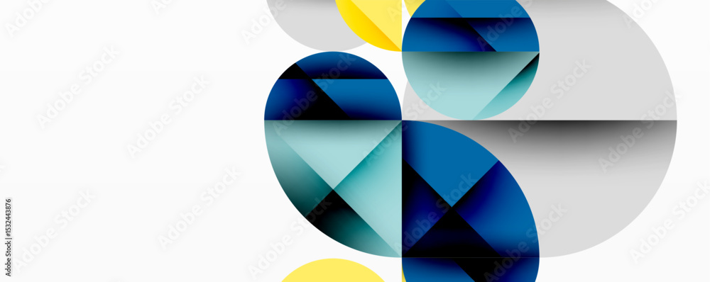 Poster abstract geometric shapes overlap, creating dynamic composition. blues, grays, yellows dominate desi