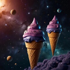 Fantasy Ice Cream Cones Floating in Outer Space
