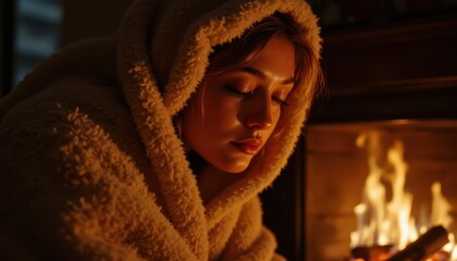 Young Woman in Cozy Blanket Sitting by a Warm Fireplace with Soft Glow of Flames in Evening