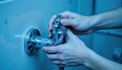 Close-Up of Hands Adjusting a Chrome Water Faucet in a Blue-Toned Interior Setting
