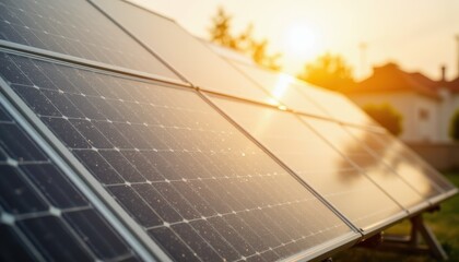 Close-Up View of Solar Panels Glimmering Under Soft Sunlight in a Residential Area