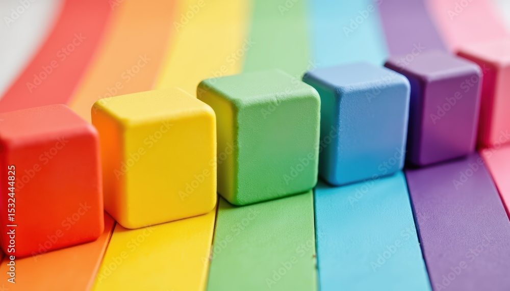 Poster colorful toy blocks arranged on a vibrant rainbow background in a playful display