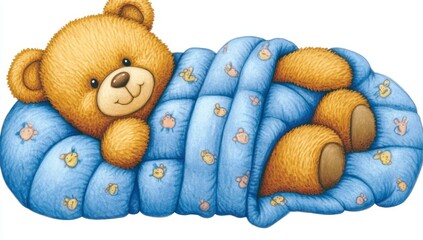 Delicately hand-drawn, the design features an adorable teddy bear cradling a blanket against a clean white background, making it perfect for baby shower invitations and greeting cards