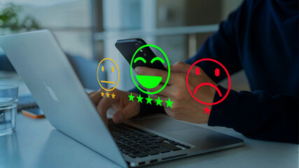 Happy customer providing 5-star review via mobile application after receiving outstanding service...